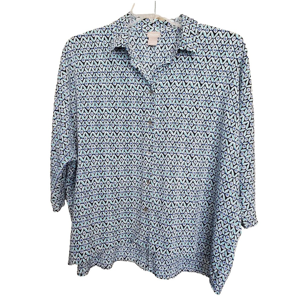 Chico's Tile Geo Print Dolman Sleeve High-Low Hem Button-Up Top Size 1 Medium